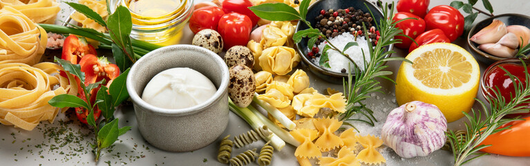 Sticker - Italian food assortment on light background.