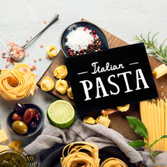 Sticker - Italian pasta assortment on light background.