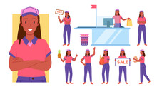 Set Of African American Seller Girl In Shop Working Poses. Promoting Sale Offer And Serving Customers, Salesperson Consultation And Client Assistance Flat Vector Illustration