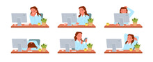 Wide Set Of Female Office Worker At The Desktop Computer In Diverse Working Poses. Completion Of Administrative Daily Duties, Secretary Reception, Tired And Exhausted Employee Flat Vector Illustration