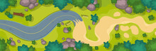 Road Top View, Curve Way Building Process With Asphalted Or Dirt Parts And Barriers. Windy Trail With Green Grass And Rocks Around, Landscape With Path Under Construction, Cartoon Vector Illustration