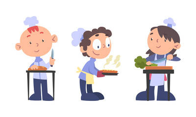 Sticker - Chef kids in uniform cooking tasty dishes in the kitchen cartoon vector illustration