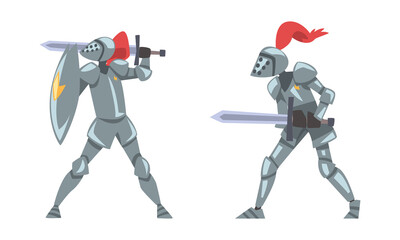 Poster - Medieval knights in full body armours fighting with swords vector illustration