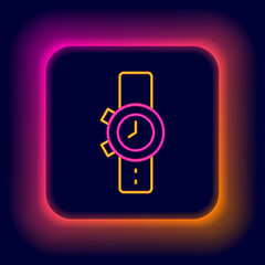 Poster - Glowing neon line Wrist watch icon isolated on black background. Wristwatch icon. Colorful outline concept. Vector