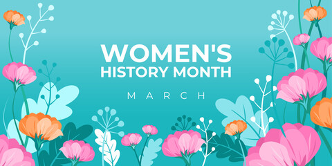 Wall Mural - Women's History Month. Vector banner, poster, flyer, greeting card for social media with the text Women s History Month, march. Beautiful bouquet of flowers on blue background. Concept for women.