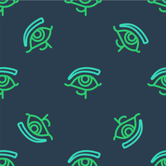 Sticker - Line Eye of Horus icon isolated seamless pattern on blue background. Ancient Egyptian goddess Wedjet symbol of protection, royal power and good health. Vector