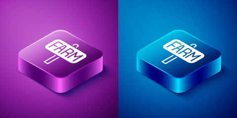 isometric location farm icon isolated on blue and purple background. square button. vector
