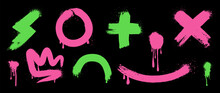 Set Of Neon Green And Pink Graffiti Spray. Collection Of Shapes, Smiley, Crown, Circle And Dot With Spray Texture. Shining Elements On Black Background For Banner, Decoration, Street Art And Ads.