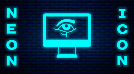 Sticker - Glowing neon Eye of Horus on monitor icon isolated on brick wall background. Ancient Egyptian goddess Wedjet symbol of protection, royal power and good health. Vector