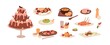 Dishes, meals set. Cooked food from restaurant. Served dinner portions on plates, cake, desserts, pastry, soup, main courses, pasta and sushi. Flat vector illustrations isolated on white background