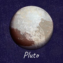 The Brown Planet Pluto On Dark Blue Space Background. Vector Realistic Illustration Of Cosmic Object From Solar System, With Caption