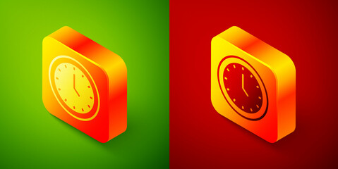 Sticker - Isometric Clock icon isolated on green and red background. Time symbol. Square button. Vector