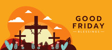 Good Friday - Three Cross Crucifix With Circle Thorns On Hill At Sunset For Good Friday Vector Design