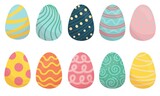 Fototapeta Dinusie - set of colorful decorative easter eggs with simple patterns, cute vector element in flat style isolated on white background