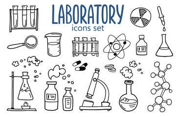 Wall Mural - Laboratory or chemistry symbols icon set. Medicine biology science doodle design. Medical education and study concept. Hand drawn cartoon illustration.