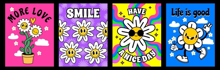 Abstract daisy flower posters in 70s groovy style. Psychedelic retro prints with slogan and cartoon hippie daisy character vector design set