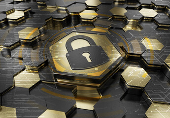Wall Mural - web security icon concept engraved on gold metal hexagonal pedestral background. padlock logo glowin