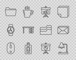 Poster - Set line Computer mouse, Table lamp, Chalkboard with diagram, Identification badge, Document folder, Office desk, and Envelope icon. Vector