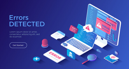 Errors detected. Computer viruses, hacker attack, 404 error page not found. Alert messages, bugs, infected files, spam. Isometric landing page. Vector web banner.