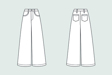 Wall Mural - Woman trousers and flared jeans vector template isolated on a grey background. Front and back view. Outline fashion technical sketch of clothes model.