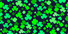 Seamless Pattern With Clover Leaves. Bright Green Shamrock On Black Background. Irish Decor For Greeting Card, Poster And Web Site. Vector Illustration Of St. Patrick Day Background