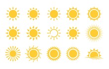 Sun Icon Set. Vector Flat Design. Collection Of Sun Stars For Use In As Logo Or Weather Icon. Yellow Suns Circles, Bright Natural Lighting Objects.