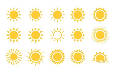 sun icon set. vector flat design. collection of sun stars for use in as logo or weather icon. yellow