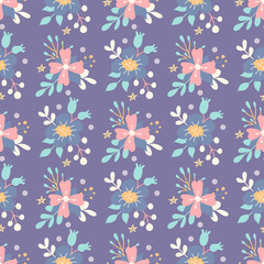 Wall Mural - Spring flowers on purple background. Floral design, seamless vector pattern for printing on fabric or paper products