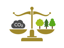 Carbon Trading Concept. Balance Of CO2 Emission With Reforestation. Carbon Credit Regulations And Law. Climate Change Prevention Measures. Environment Protection. Vector Illustration, Flat, Clip Art. 