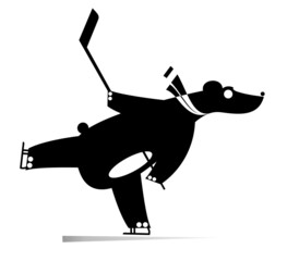 Cartoon bear an ice hockey player black on white illustration. Cartoon bear plays ice hockey original silhouette isolated