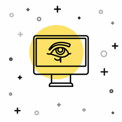 Sticker - Black line Eye of Horus on monitor icon isolated on white background. Ancient Egyptian goddess Wedjet symbol of protection, royal power and good health. Random dynamic shapes. Vector