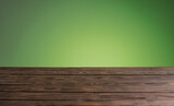 Fototapeta Sawanna - dark woodewn table on background bright green wall