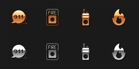 Sticker - Set Emergency call 911, Fire alarm system, Walkie talkie and flame icon. Vector