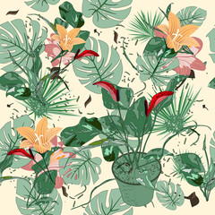  Gentle floral seamless pattern with potted houseplant,monstera leaves,orange and red lilies on light background. 