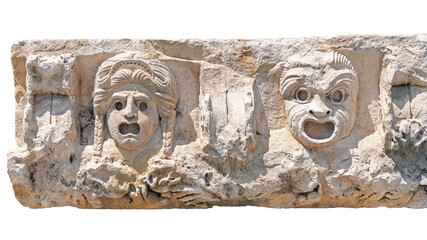 Wall Mural - Fragment of marble decoration with tragedy mask bas-relief. Ruined ancient theater in Myra, old antique city (Turkey). Close up fragment. Isolated, white background. History of theater or art concept