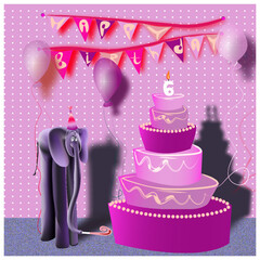 A happy six birthday card with a baby elephant in a festive hat and with a squeaker in his trunk, looking at a large cake with a candle on top in the shape of a 6, in a room decorated with balloons