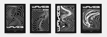 Collection Of Modern Abstract Posters With Optical Waves. In Techno Style, Psychedelic Design, Prints For T-shirts And Hoodies. Isolated On Black Background