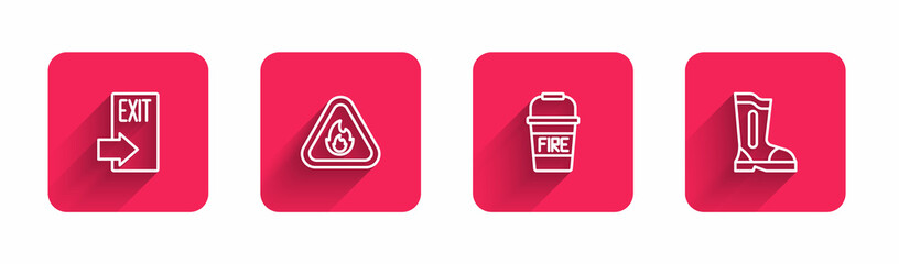 Sticker - Set line Fire exit, flame in triangle, bucket and boots with long shadow. Red square button. Vector