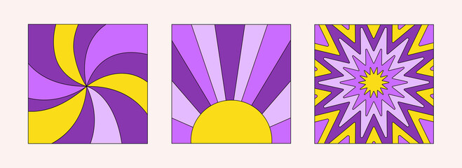 Wall Mural - Trendy colorful set of retro backgrounds in style 70s, 80s. Abstract set hippie cards in yellow and purple colors. Vector illustration