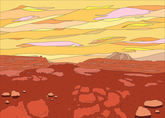 Wall Mural - venus planet surface close up with sky views, vector illustration