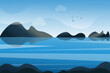 vector background with sea, mountains and birds, landscape