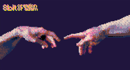 Wall Mural - Reaching hands 8 bit style design concept vector illustration isolated on black background.