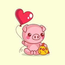 Cute Cartoon Pig And Chick Holding A Balloon