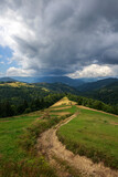 Fototapeta Na ścianę - Road is high in mountains, fields, forests and farmland on background of blue sky, Carpathians, Ukraine