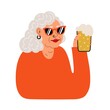 Vector illustration with cheerful smiling old woman and beer glass. Colored inspirational typography poster with grandmother, apparel print, greeting card design