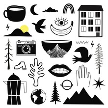 Vector Black White Doodle Collection With Nature, Food And Fashion Elements. Trendy Sticker Pack Template Design, Print Set