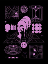 Abstract Human Mind And Imagination Mental Concept With Human Head Silhouette Surrounded By The Set Of The Abstract Shape Constructions On Black Background. Vector Illustration