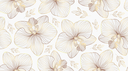  Luxury orchid seamless pattern background vector. Golden orchid line arts design for wedding, backdrop, wallpaper, banner, card, cover, texture. Vector illustration