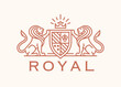 Royal lion shield logo. Elegant gold heraldic crest leo line icon. Luxury vintage heraldry coat of arms emblem. Brand identity design element symbol. Vector illustration.