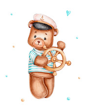 Teddy Bear Captain With Steering Wheel; Watercolor Hand Drawn Illustration; With White Isolated Background